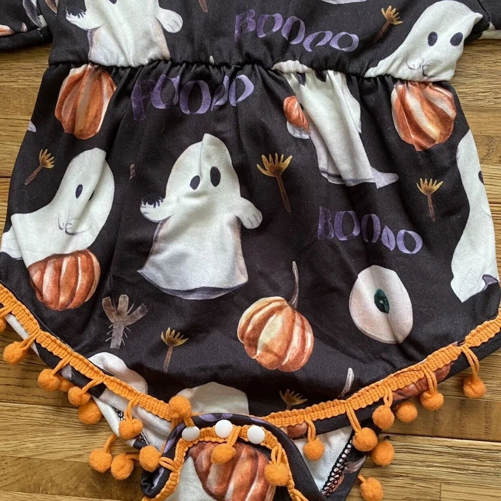 Halloween Ghost And Pumpkin‎ Romper With Pom Poms Size 90